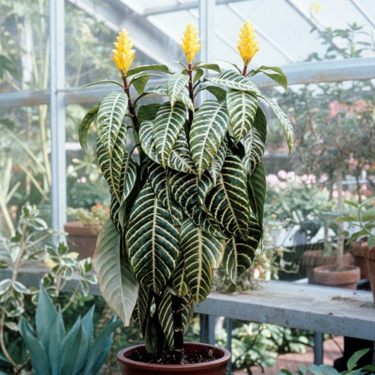Potted Aphelandras quarrosa Zebra plant with yellow flowers and striped leaves in a greenhouse setting
