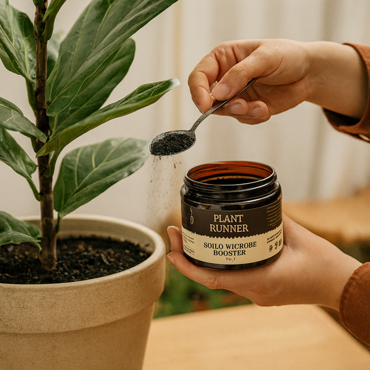 Person using a spoon to add a substance from a jar labeled 'Plant Runner' to a potted plant.