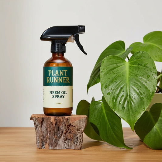 Plant Runner Neem Oil Spray bottle on a wooden block with plants in the background