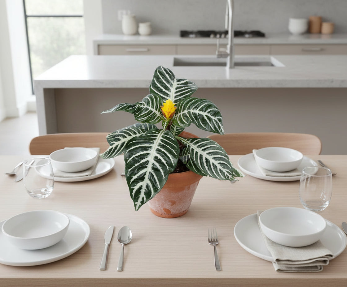 Potted Aphelandrasquarrosa Zebra Plant with green leaves and a yellow flower on a white background