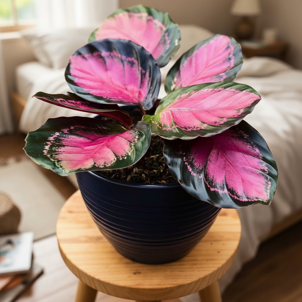 Potted Crimson Calathea with pink and green leaves on a wooden stool against a blurred background