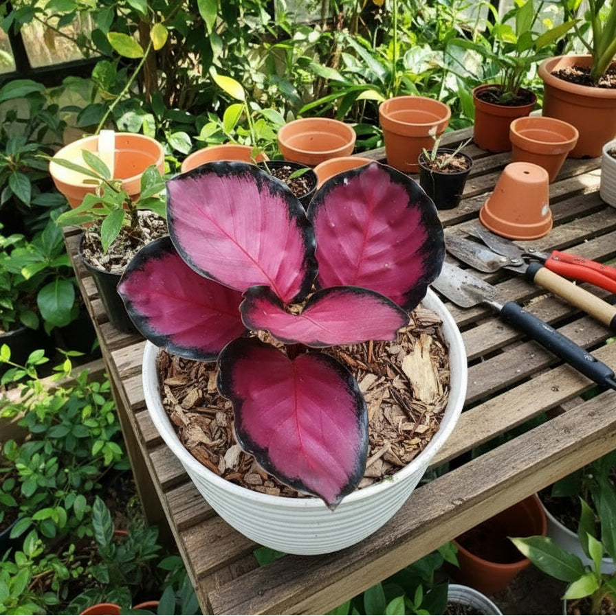calathea plant pot Crimson Calathea | Pet-Safe Red Patterned Foliage Plant