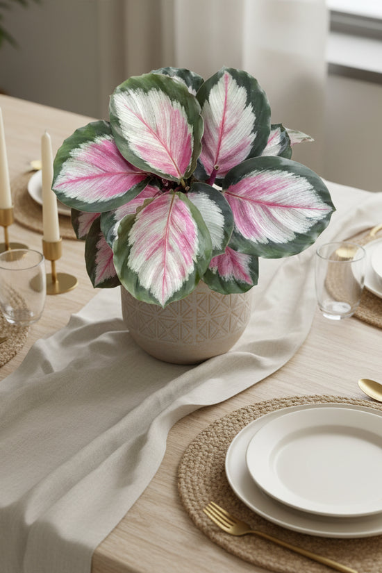 Calathearoseopicta White Cloud on a table