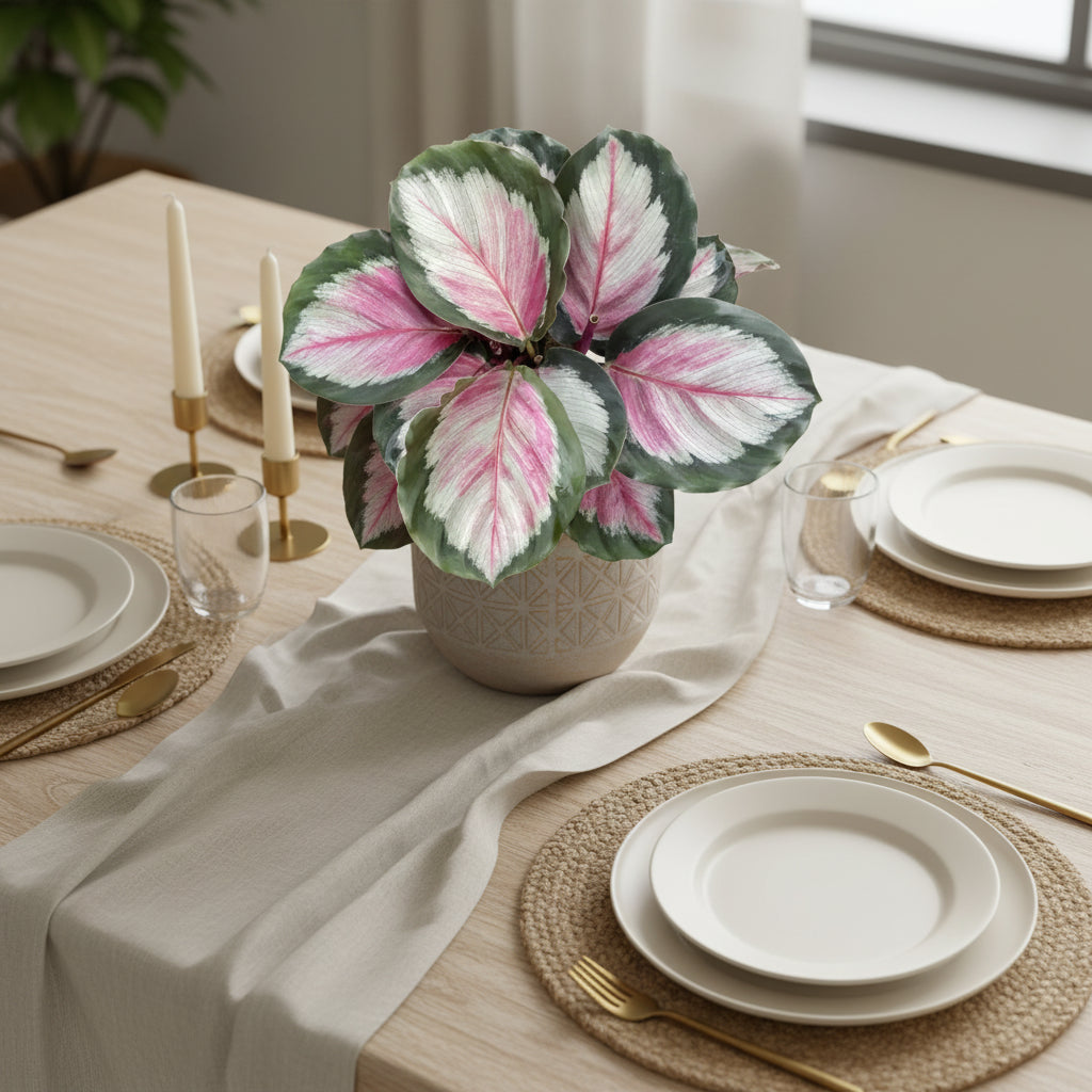 Calathearoseopicta White Cloud on a table