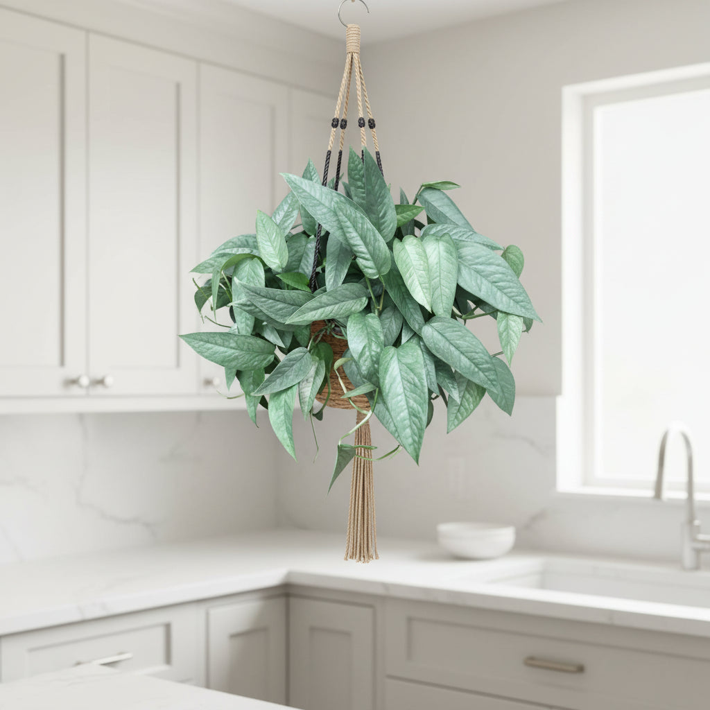 Hanging green plant with a neutral background