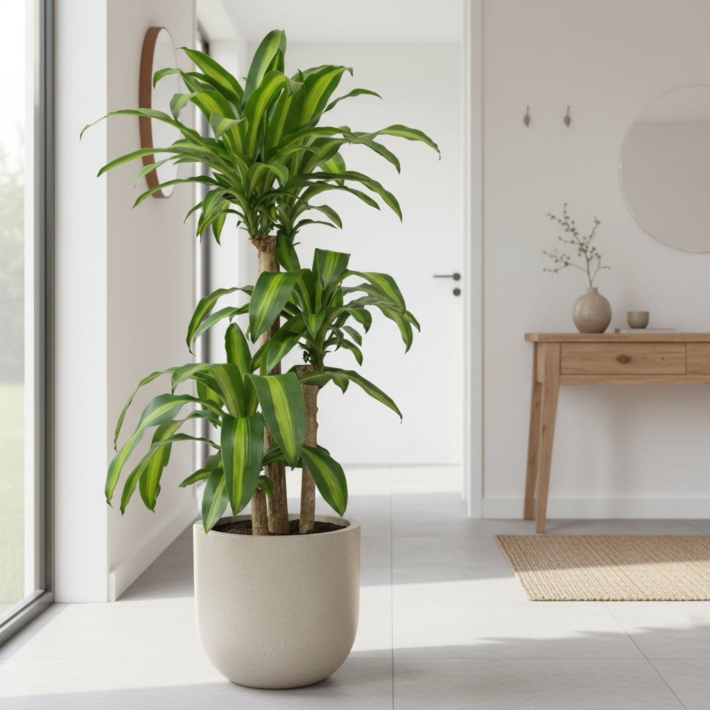 Potted Dracaena fragrans Happy Plant next to a beige sofa with decorative pillows in a living room setting.