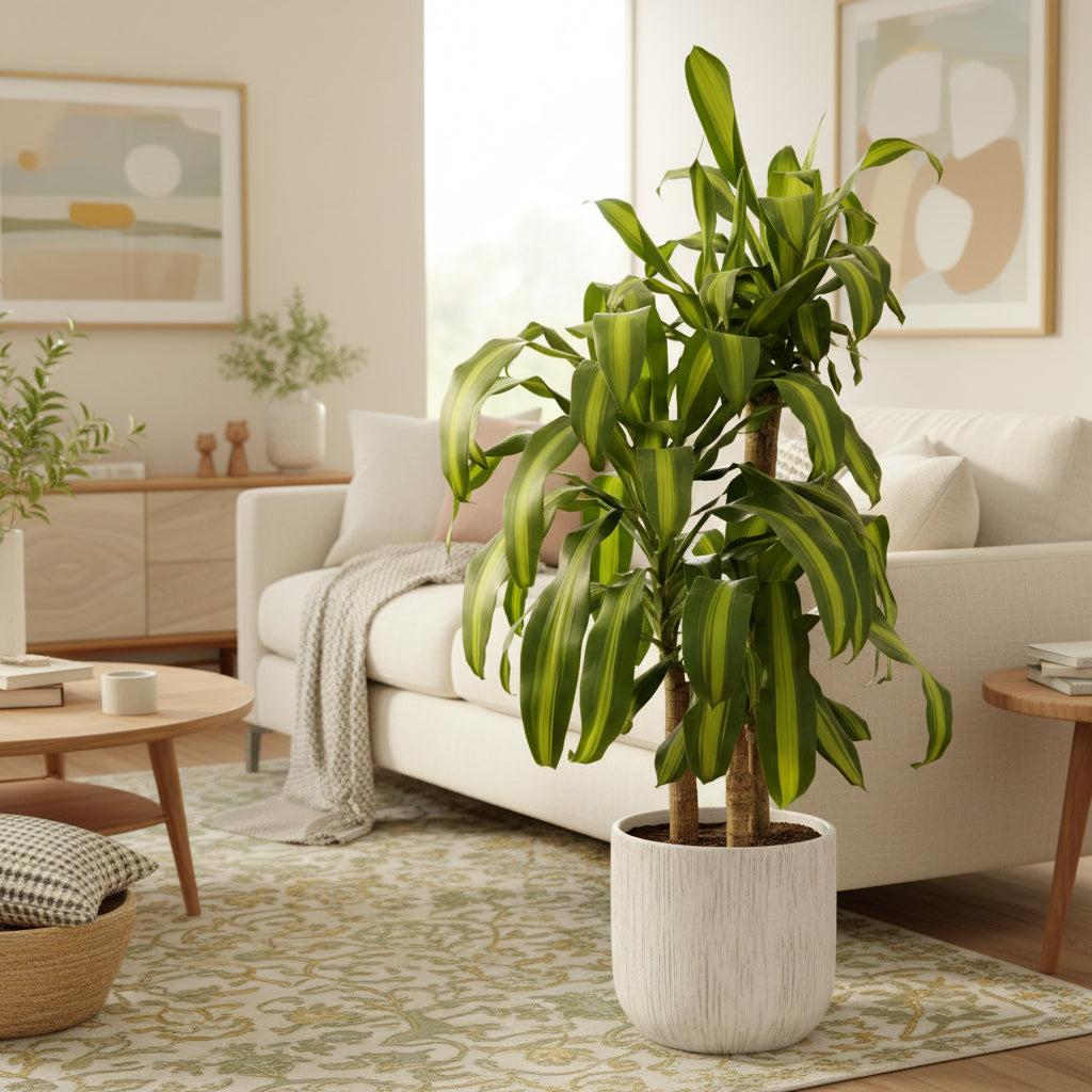 Potted Dracaena fragrans Happy Plant with green and yellow leaves in a living room