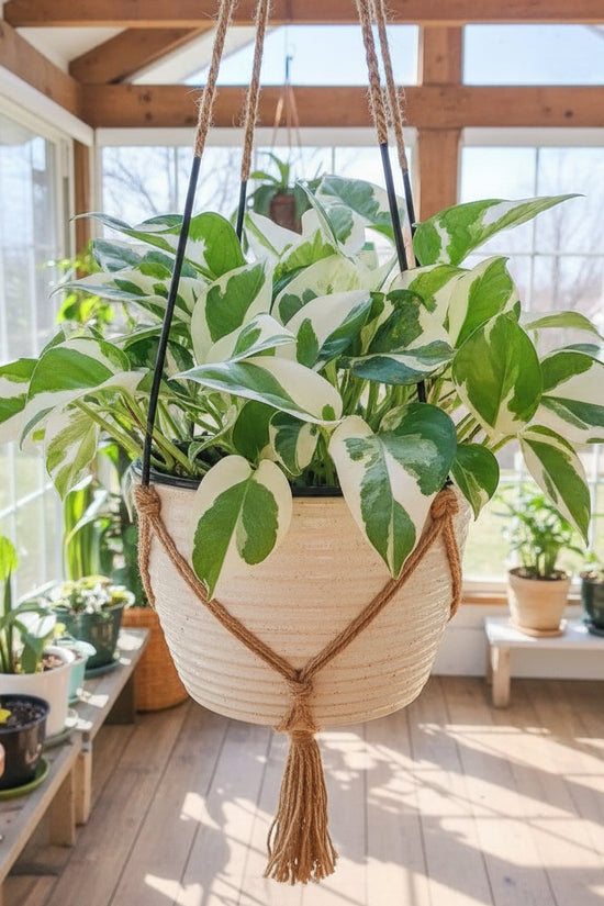 Variegated green and white leaves of a pothos plant.