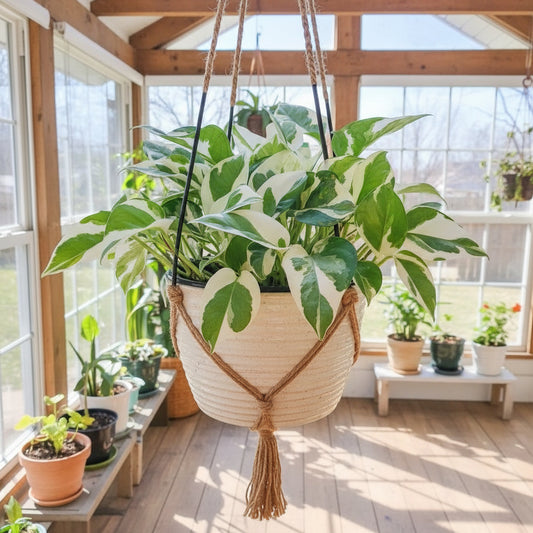 Variegated green and white leaves of a pothos plant.