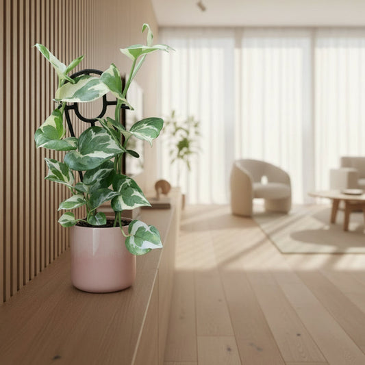 Variegated pothos plant in a pot against a wooden background