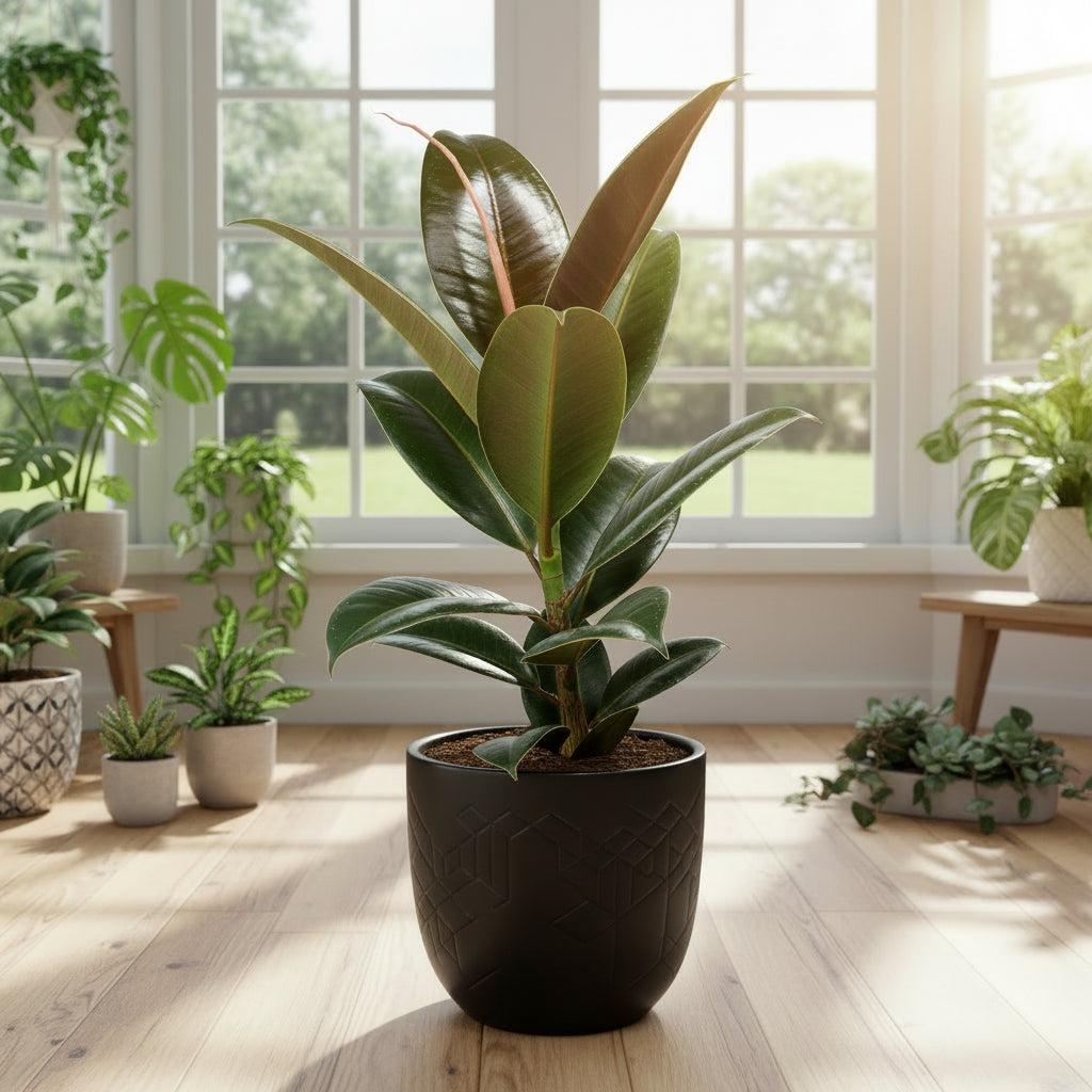 Potted plant with green leaves on a white background