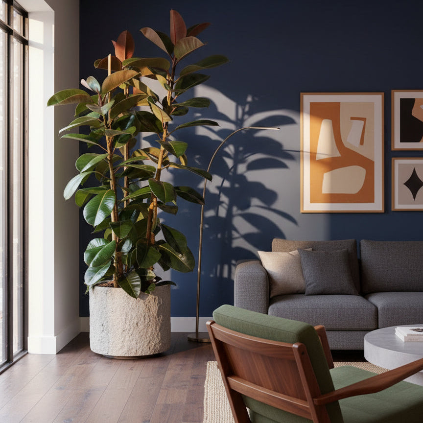 Living room with a potted plant and a beige sofa