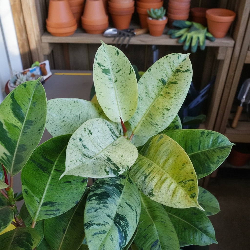 Close-up of a Ficus elastica_Shivereana_Variegated leafy plant