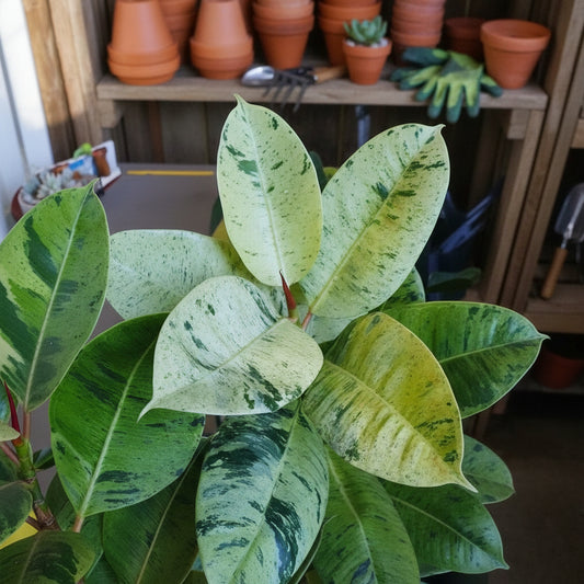 Close-up of a Ficus elastica_Shivereana_Variegated leafy plant