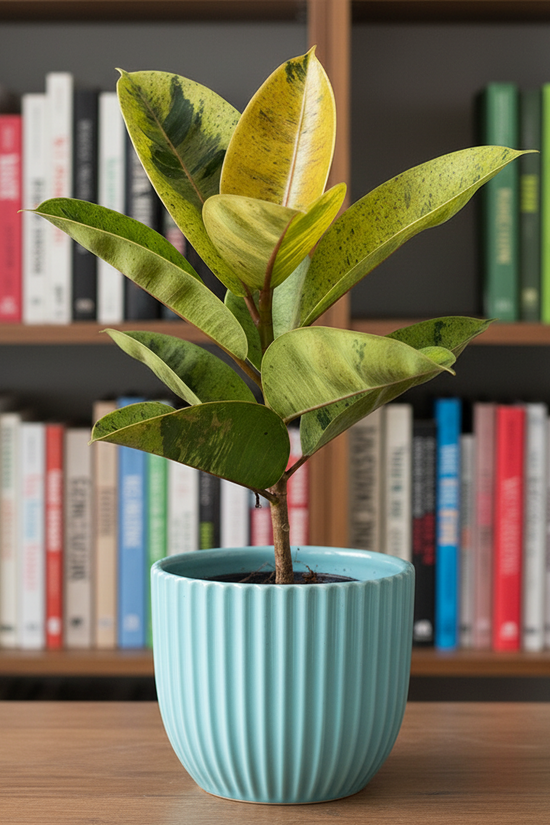 Potted Ficus elastica_Shivereana_Variegated with green and yellow leaves on a white background