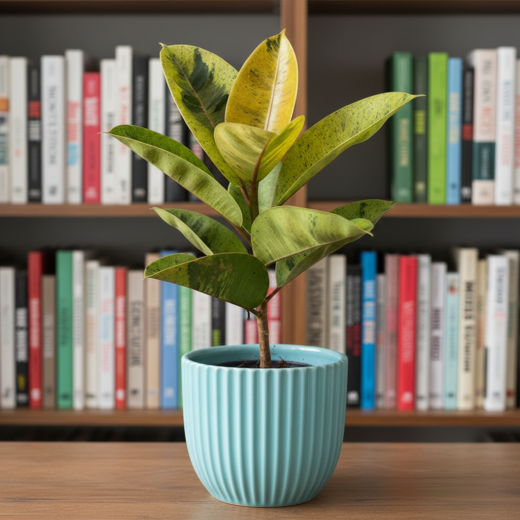 Potted Ficus elastica_Shivereana_Variegated with green and yellow leaves on a white background
