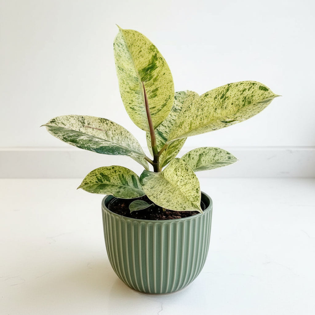 Close-up of a Ficus elastica Shivereana Variegated plant with green and white leaves on a white background