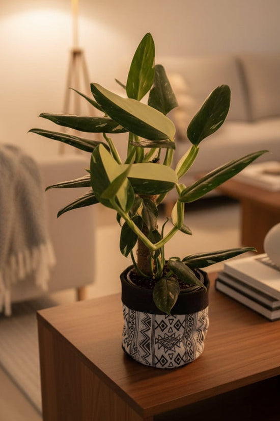 Potted plant with green and yellow leaves on a white surface