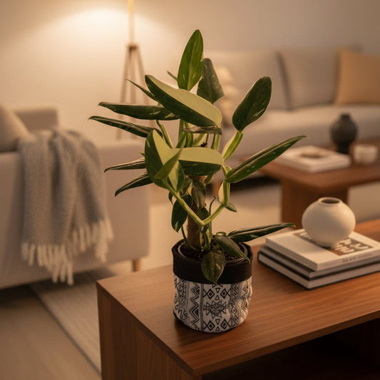 Potted plant with green and yellow leaves on a white surface