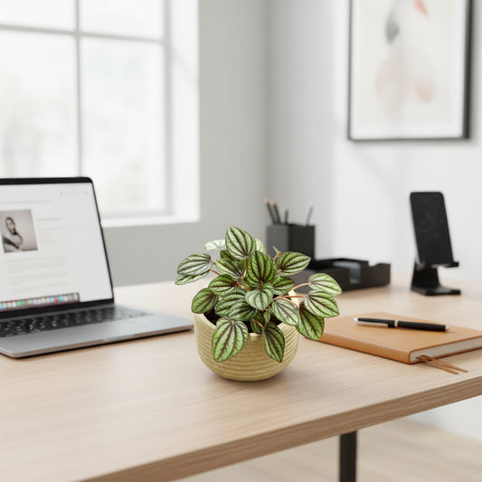 Potted plant with green and red leaves on a wooden surface