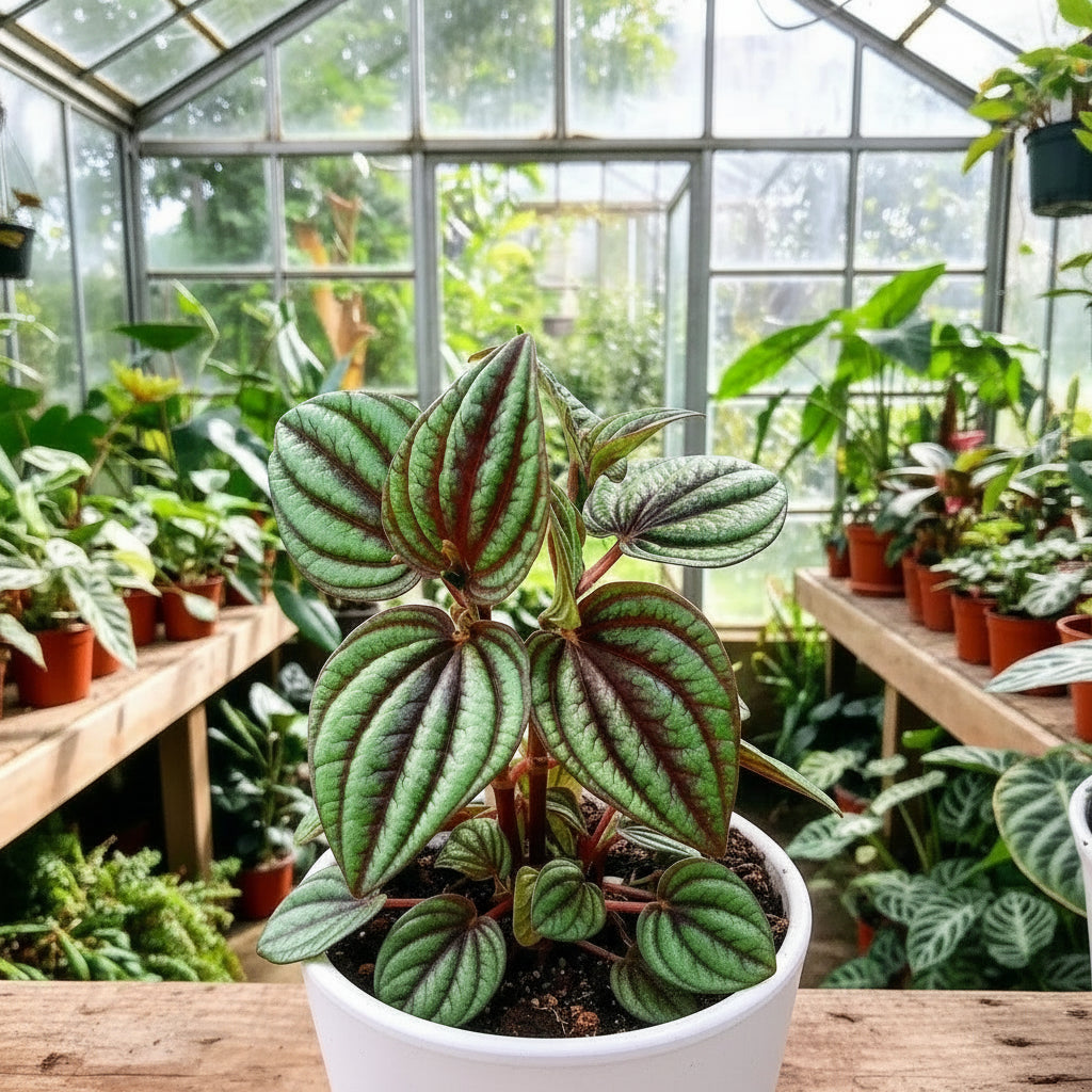 Potted plant with green and red striped leaves
