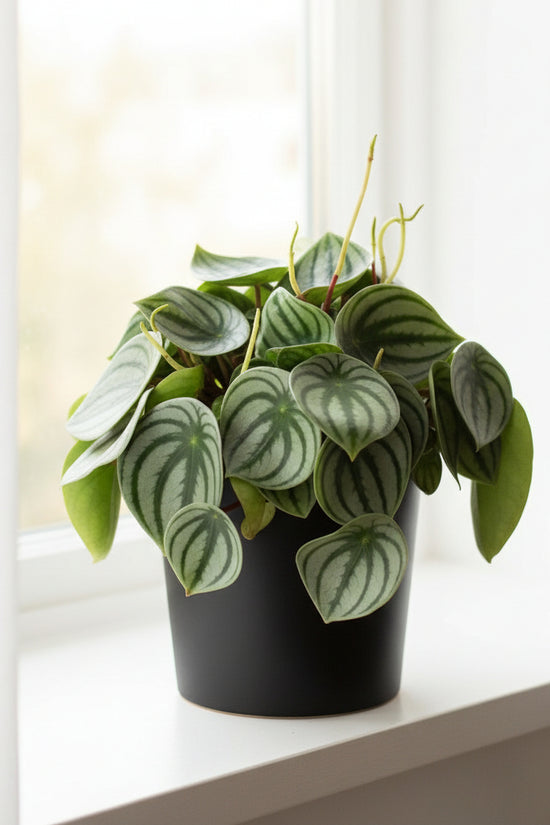 Potted plant on a round wooden tray with a blurred background
