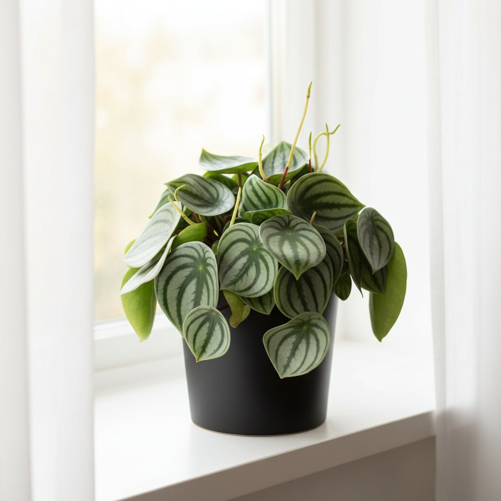 Potted plant on a round wooden tray with a blurred background