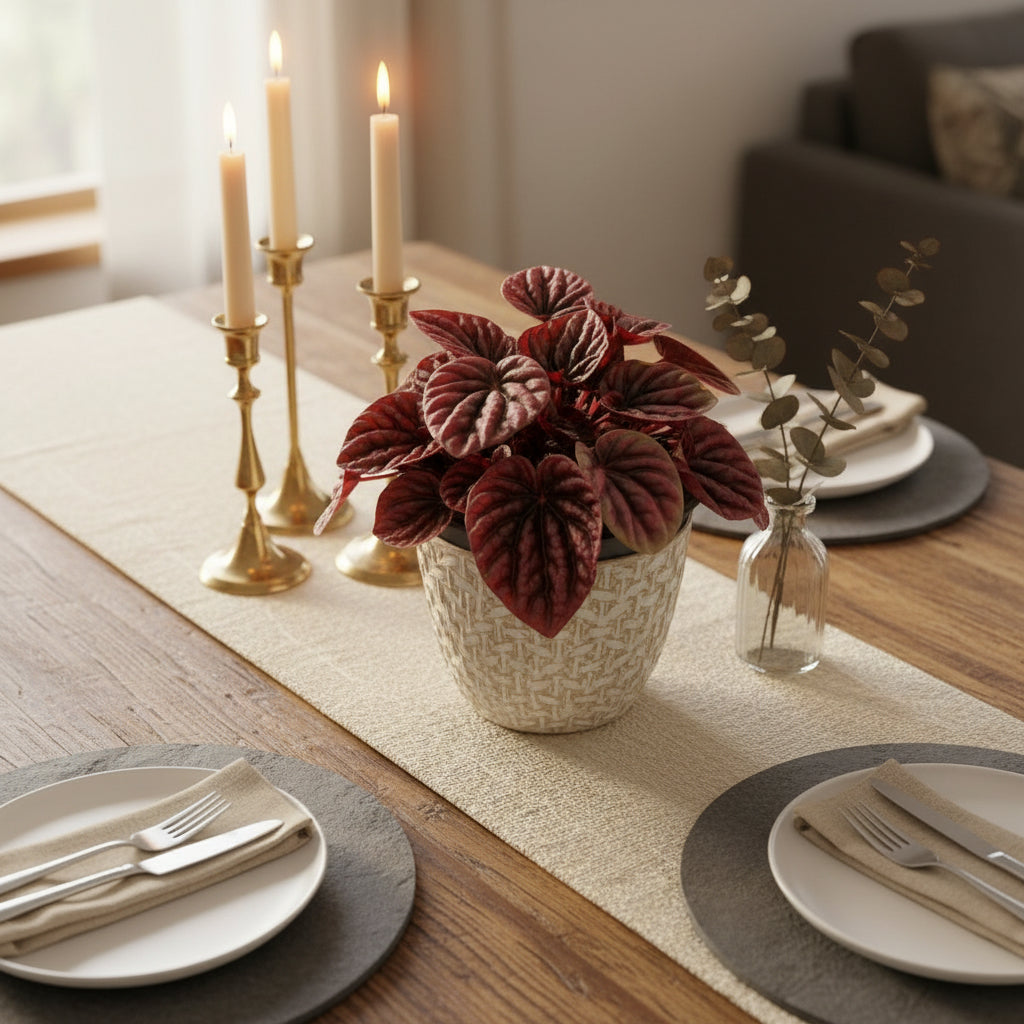 Pilea peperomioides plant with red and green leaves on a white background
