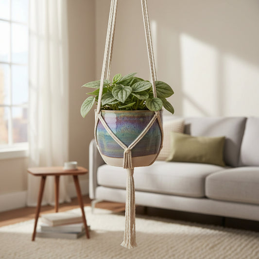 Hand holding a small potted plant with a pink background