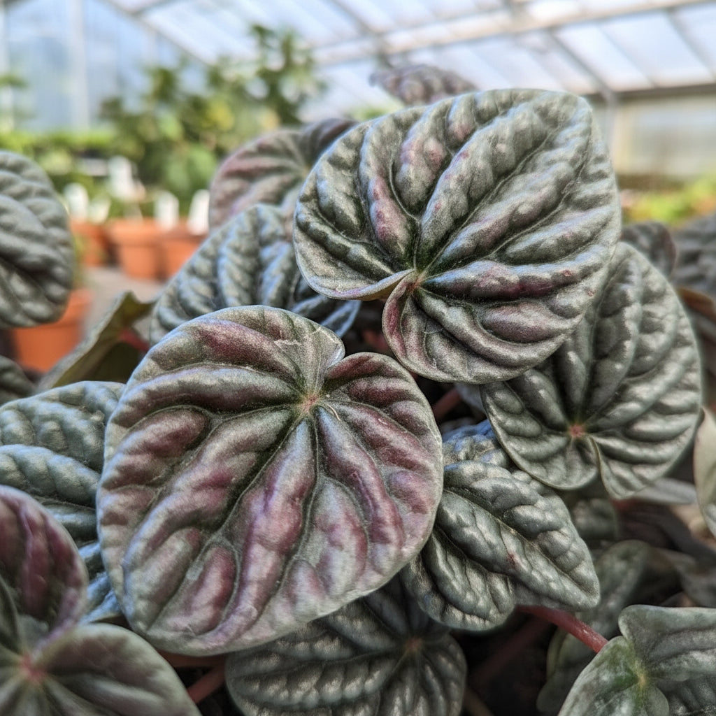 Close-up of variegated peperomia plant with green and pink leaves.