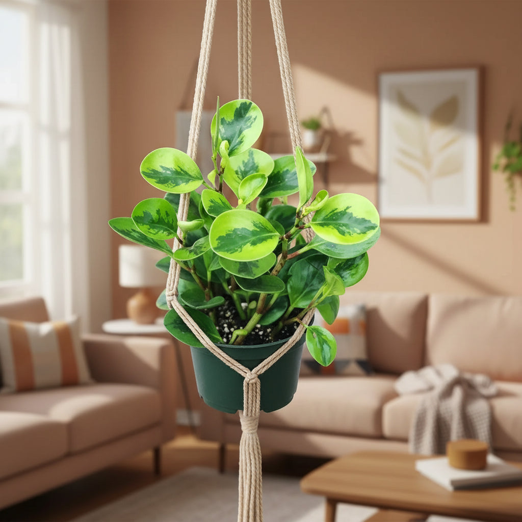 Potted plant with green leaves on a neutral background