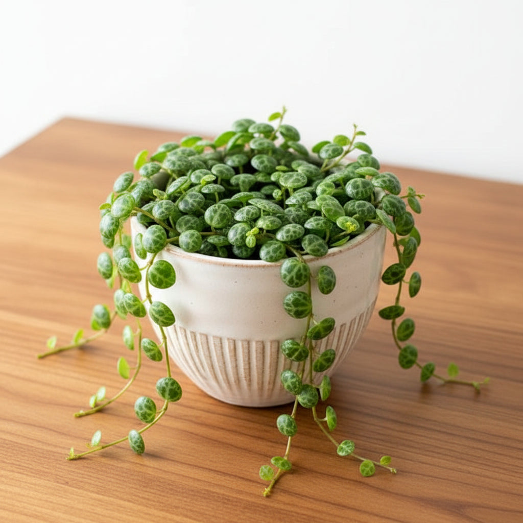 Potted string of turtles plant with text 'how not to kill String of Turtles' on a white background
