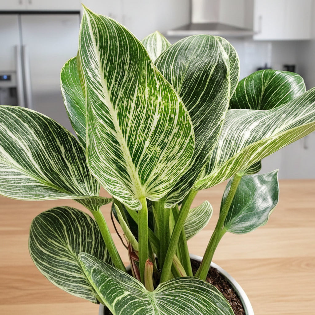 Potted Philodendron Birkin with green and white leaves on a dark surface