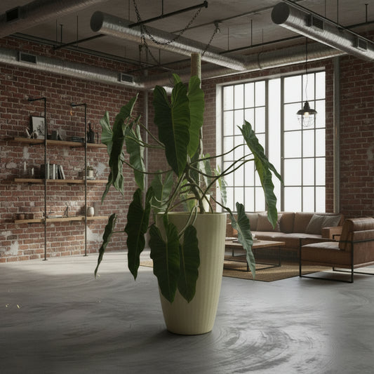 Potted Philodendron billietiae in a modern interior setting with large windows