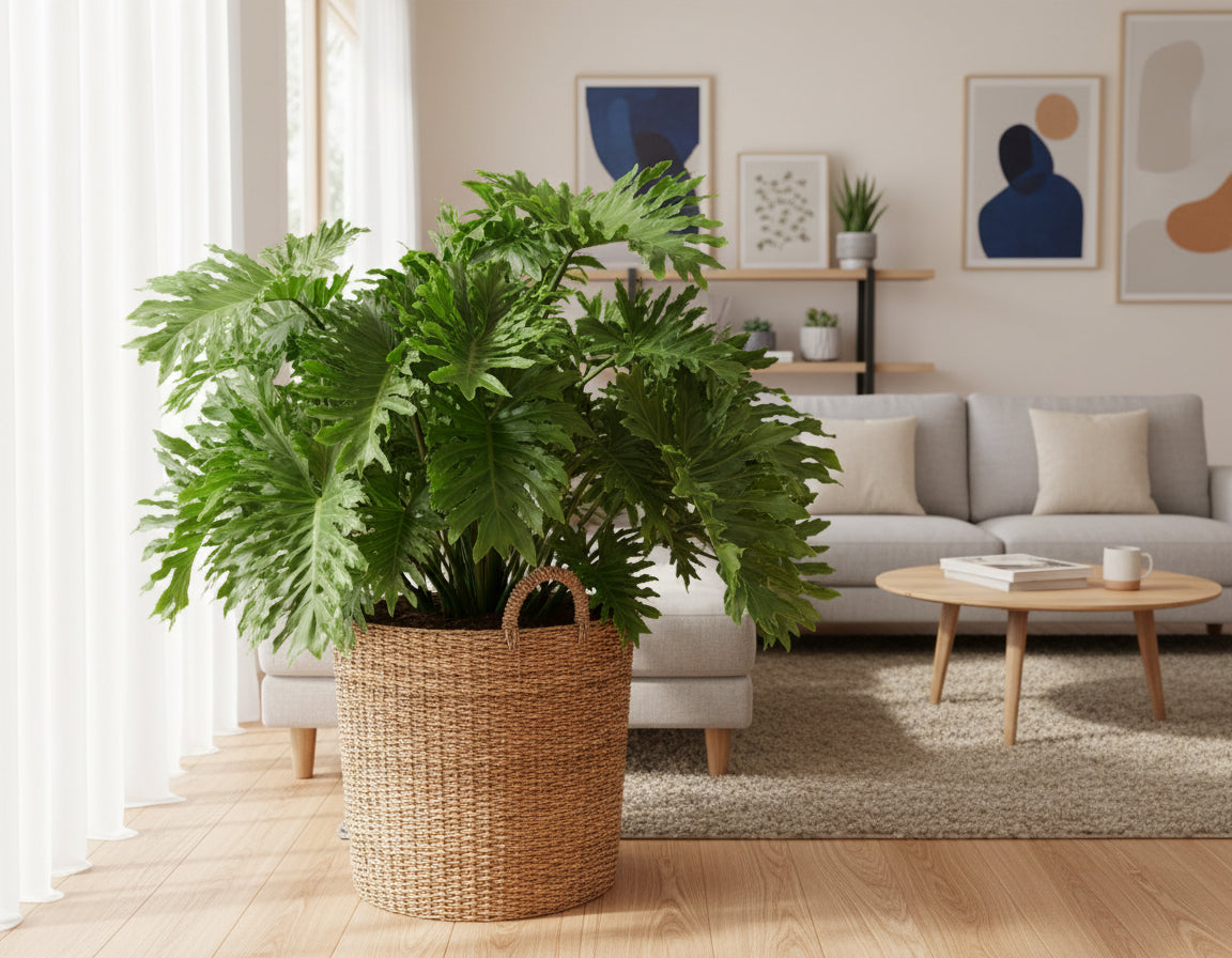 Large green leafy ShangriLa plant on a gravel surface with chairs and plants in the background