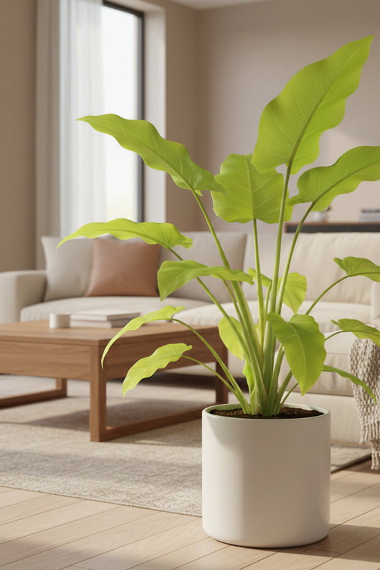 Potted plant with large green leaves in a nursery setting