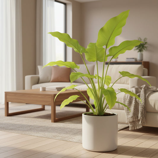 Potted plant with large green leaves in a nursery setting