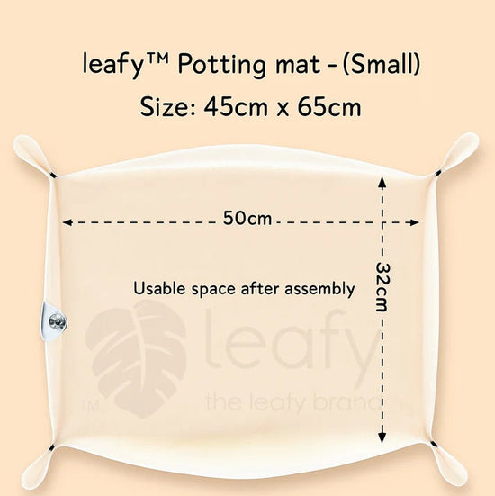 Leafy potting mat with dimensions and assembly information on a beige background