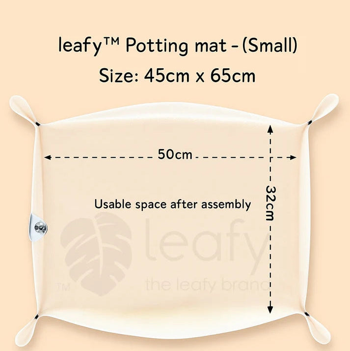 Leafy potting mat with dimensions and assembly information on a beige background