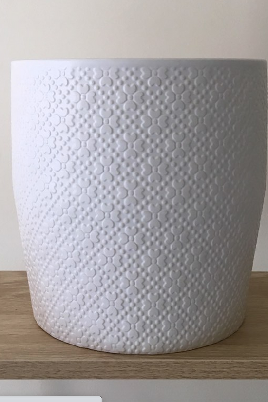 Large textured white ceramic planter from Potted & Co., displayed on a wooden surface.