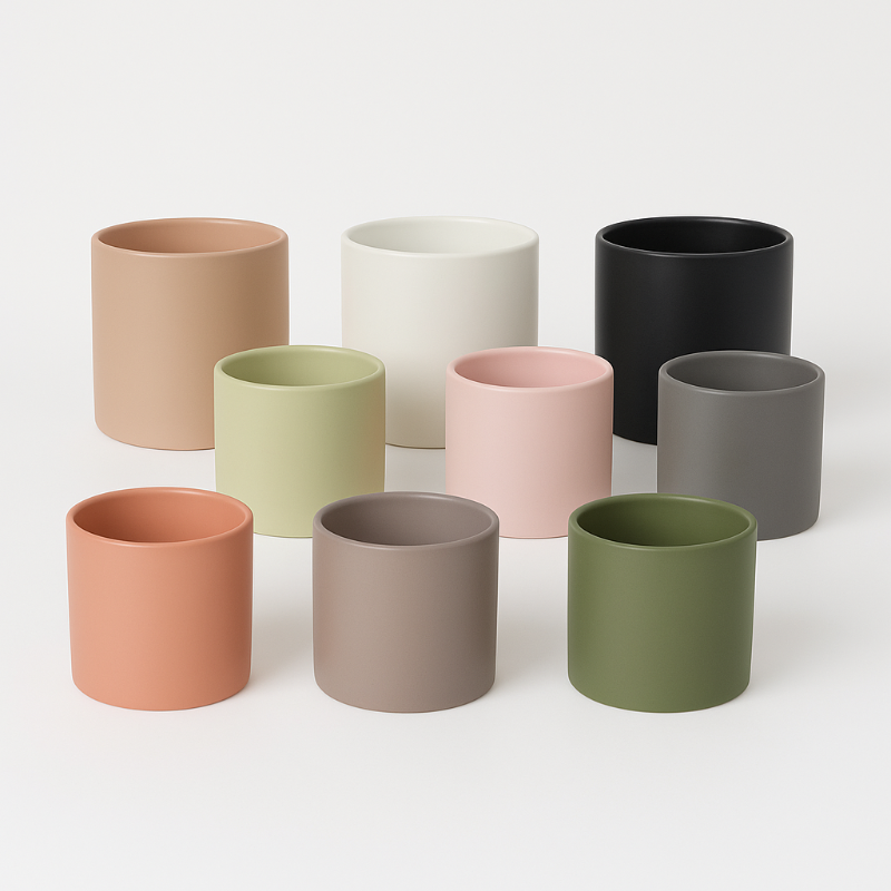 Assorted Comfy Fit satin-matte ceramic planters in various colours and sizes, arranged together on a neutral background.