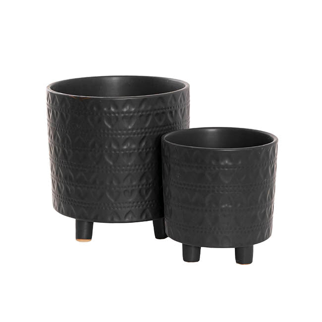 The Perfect Pair 2-piece matte-black planter set with a leaf-textured finish, shown in two sizes on a clean white background.