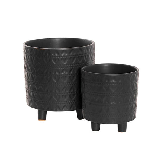 The Perfect Pair 2-piece matte-black planter set with a leaf-textured finish, shown in two sizes on a clean white background.