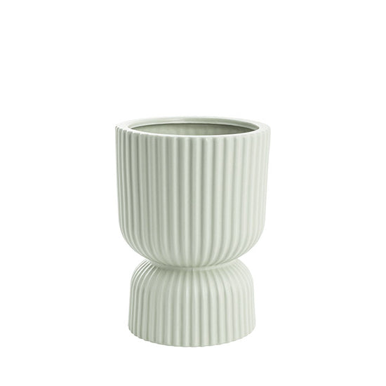 The Perfect Fit sage sculptural planter with an egg-cup silhouette and ribbed texture, photographed on a clean white background.