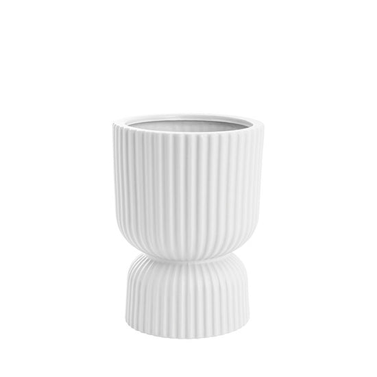 The Perfect Fit white ribbed sculptural planter photographed against a clean white background.