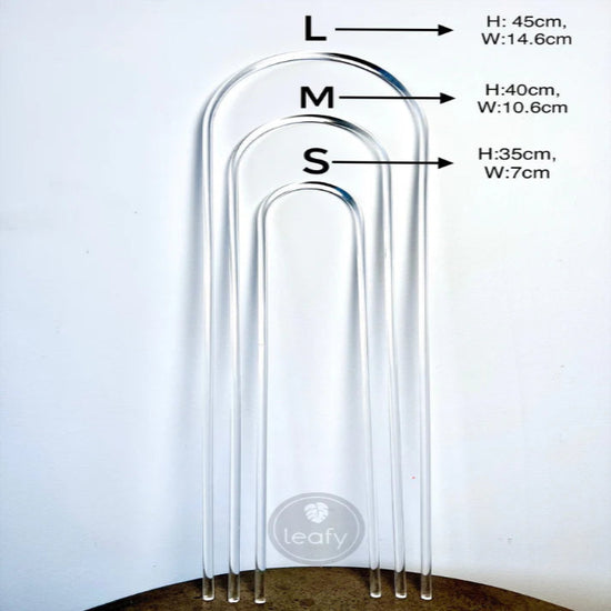 Three clear glass tent stakes with measurements labeled on a white background, featuring the brand 'Leafy'.