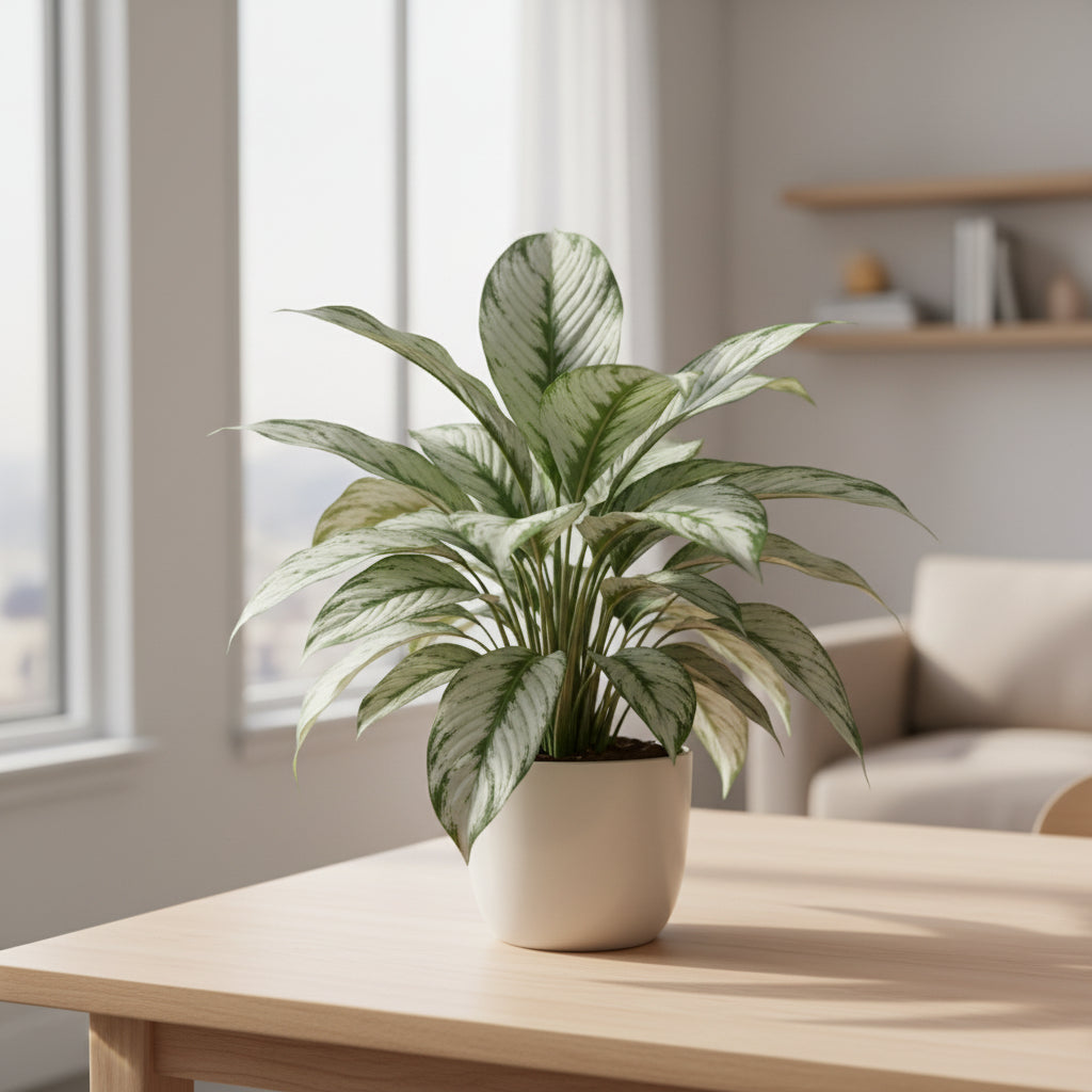 Close-up of a varigated-peace-lily with green and white striped leaves.