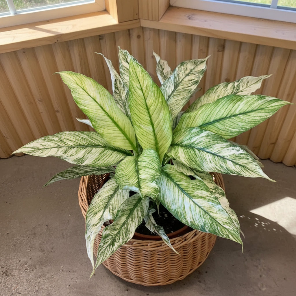 Variegated green and white leaves of a peace lily plant against a wooden panel background